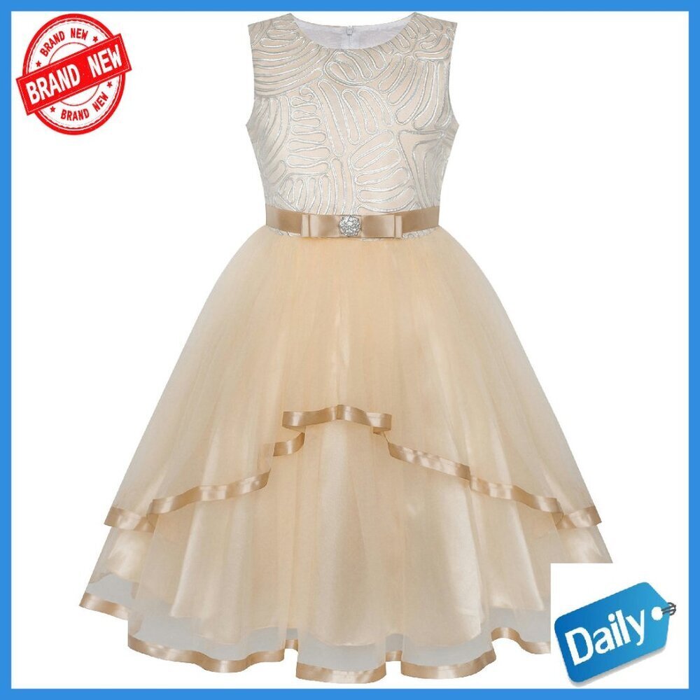 Girls' Flower Dress with Belt, Knee Length, Polyester Cotton Lined, Size 8